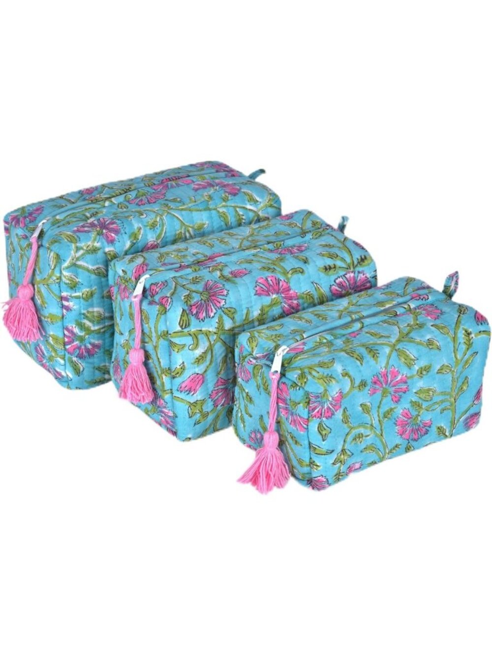 Quilted Floral Makeup Bag Set of 3 - Cute Cotton Travel Toiletry Organizer